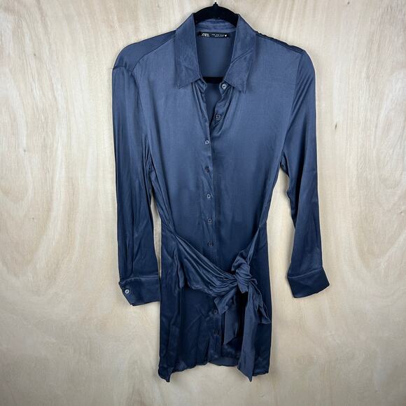 Zara Navy Satin Wrap Dress Medium Button Down Collared‎ Fall Winter - Picture 1 of 5